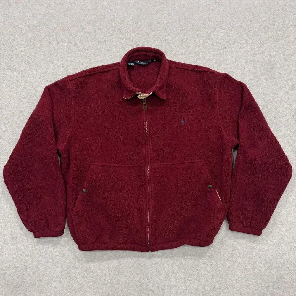 Vintage 90s Polo Ralph Lauren Jacket Mens L Burgundy Fleece Full Zip Made in USA